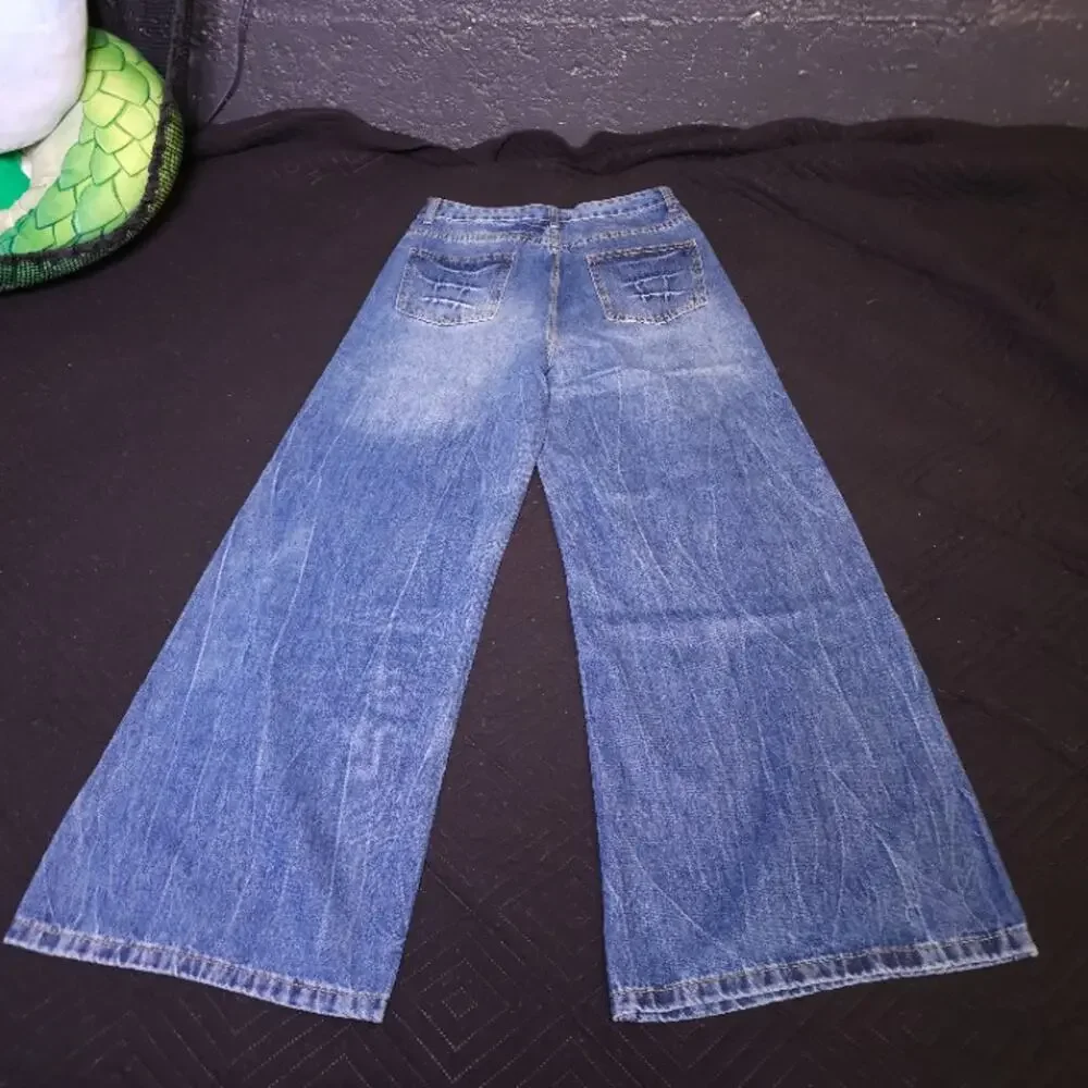 Faded Whiskered Wide Leg Jeans Light Blue Wash Gold Stitch W32 42in